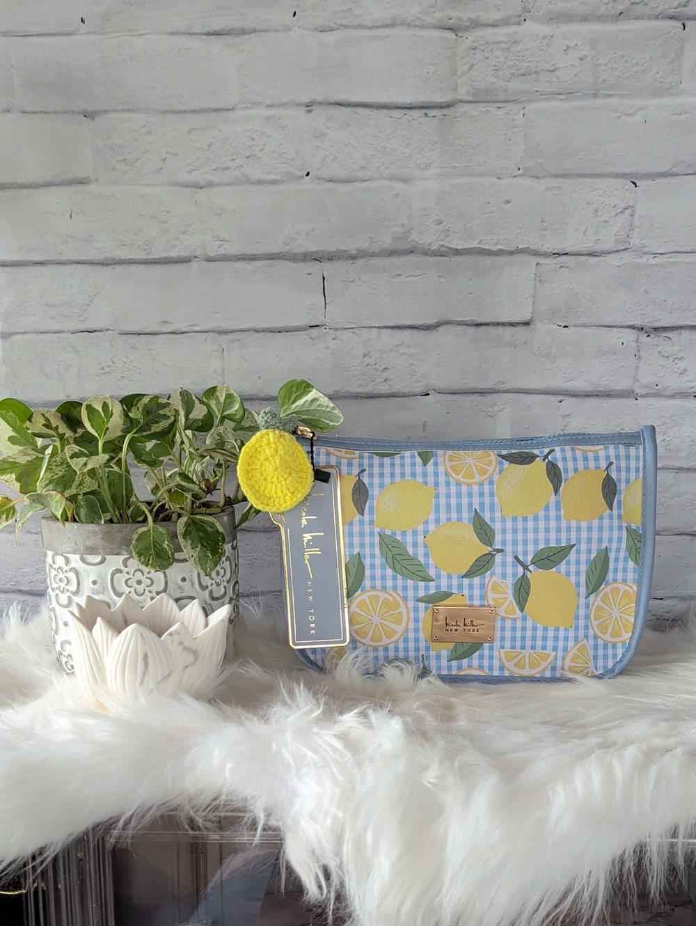 Nicole Miller Yellow Lemon Print Cosmetic Pouch with Blue Gingham